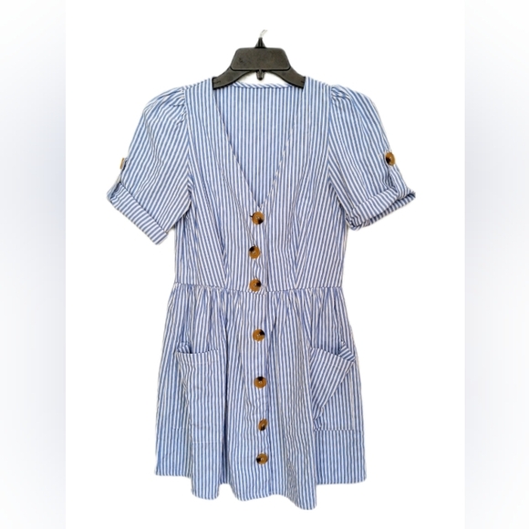 Women's Blue and White Striped Mini Summer Dress. - Picture 5 of 11